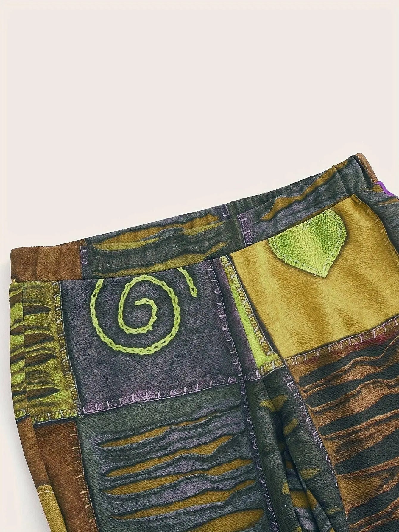 Patchwork Print Flare Leg Pants, Vintage High Waist Slim Pants For Spring & Fall, Women's Clothing SS69