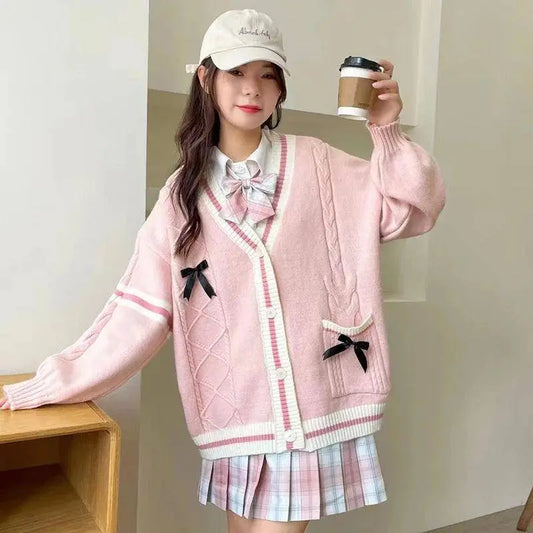 Pink Sweet Women Cardigan Korean Bow Knitted Long Sleeve Female Sweater Jk Preppy Style New Kawaii V Neck Ladies Casual Coats SS69