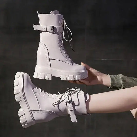 Platform Very High Heel Mid Calf Black White Shoes For Woman Women's Boots Footwear Half New Rock With Stylish Y2k Gothic - SS69