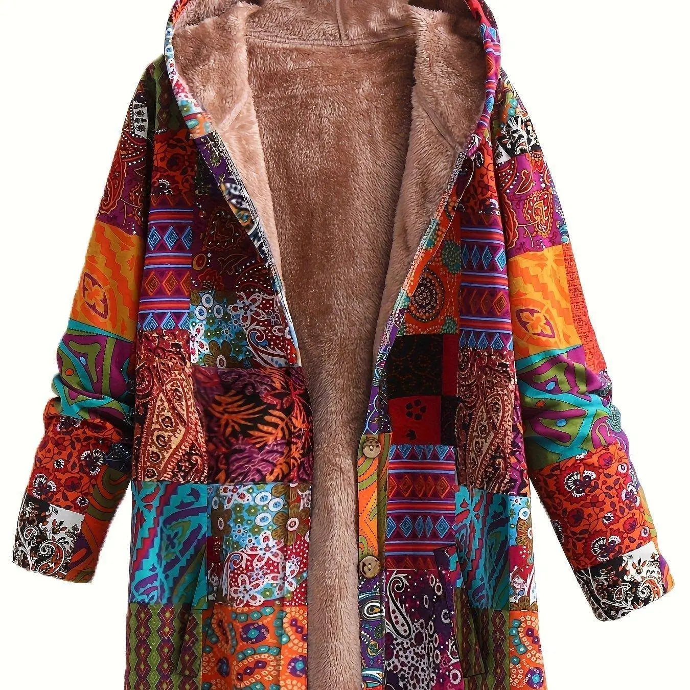 Plus Size Boho Coat, Women's Plus Patchwork Print Liner Fleece Long Sleeve Button Up Hooded Tunic Coat With Pockets SS69 37.69 ginger-colored / 4XL(60)
