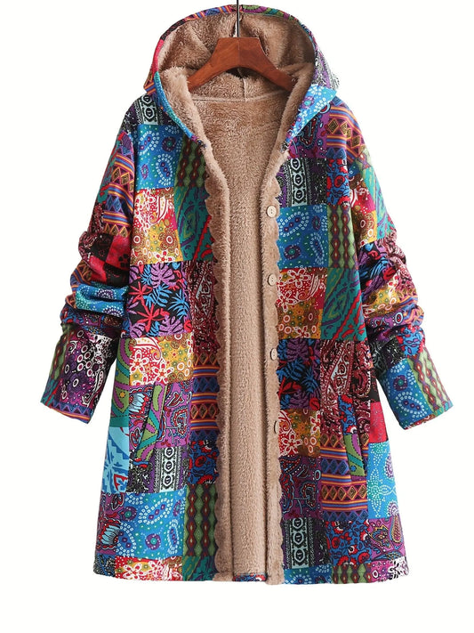 Plus Size Floral Pattern Coat, Casual Long Sleeve Fuzzy Hooded Coat For Fall & Winter, Women's Plus Size Clothing - SS69
