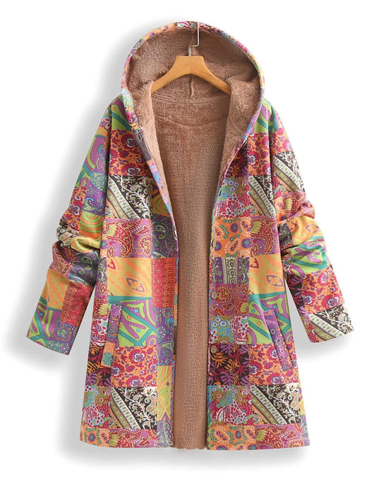 Plus Size Patchwork Print Hooded Coat, Casual Button Front Long Sleeve Warm Outerwear For Fall & Winter, Women's Plus Size Clothing SS69