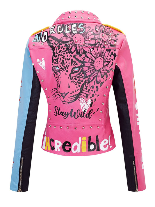 Plus Size Women's Faux Leather for Moto Jacket - Colorful Graffiti & Floral Design with Rivet Accents, Casual Punk Style, Long Sleeve, Zip-Up Biker Coat with Pockets SS69