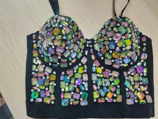 Punk Corset Rhinestone Diamond Tank Top Women Bra Stage Party Camis Sequin Shirt Woman Clothes y2k Blusa Crop Tops Ladies Shaper SS69