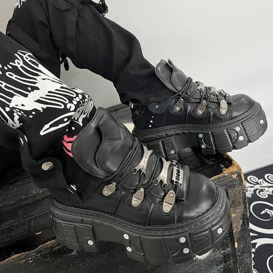 Punk High-Top Sneakers for Women - All-Season Gothic Black Platform Ankle Boots SS69