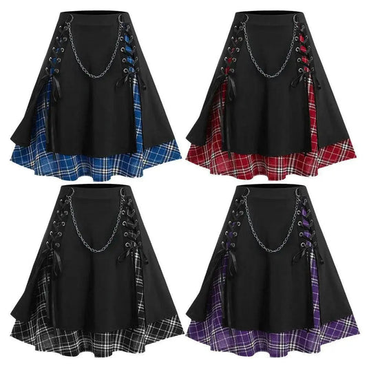 ROSEGAL Plus Size Women's Gothic Skirt Casual Plain Chain Detail High Waisted Stitching Plaid Pleated Layered Lace Up Skirts 5XL SS69