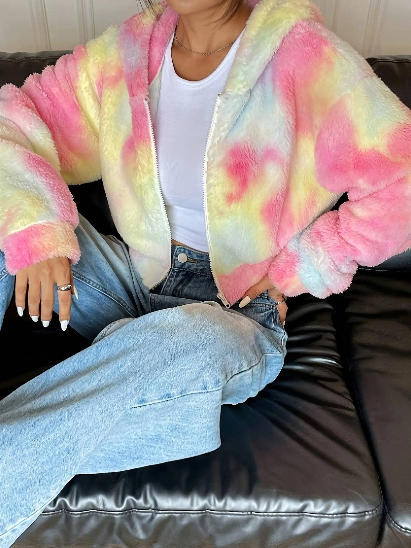 Rainbow Color Zip Up Hooded Fuzzy Coat, Elegant Long Sleeve Warm Outerwear For Fall & Winter, Women's Clothing SS69