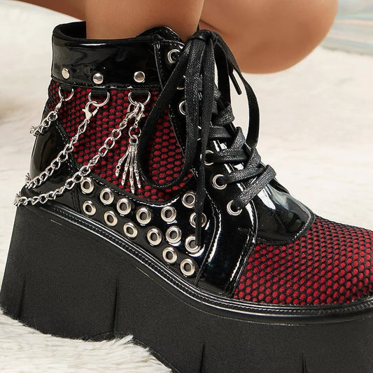 Retro Punk-Style Women's Platform Boots with Chain Detail - Fashionable Slip-On Ankle Booties for Music Festivals & Halloween Parties, Comfortable All-Season Footwear SS69