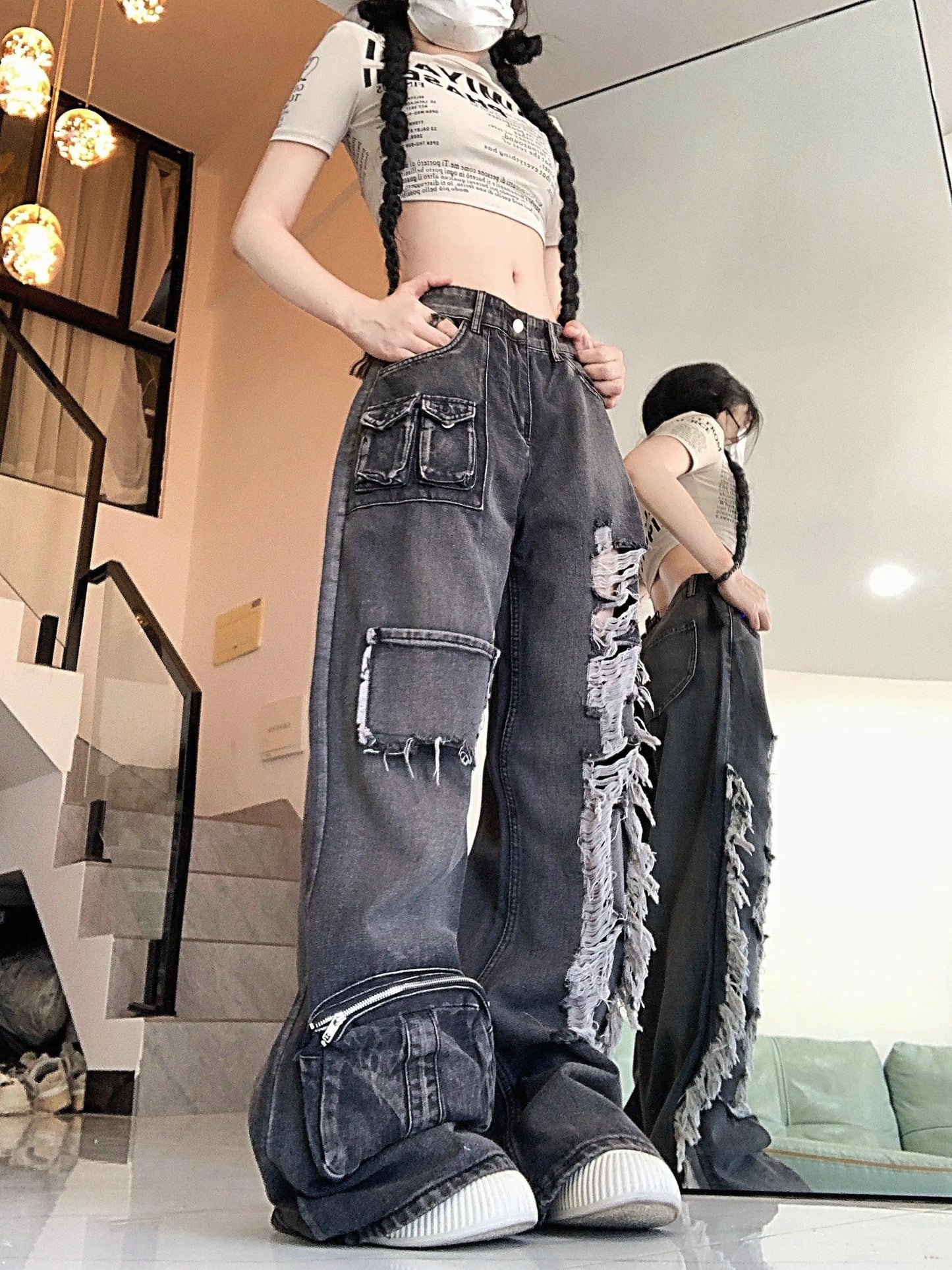 Ripped Distressed Streetwear Washed Raw Trim Flare Leg Loose Fit Grunge Jeans, Women's Denim Jeans & Clothing SS69