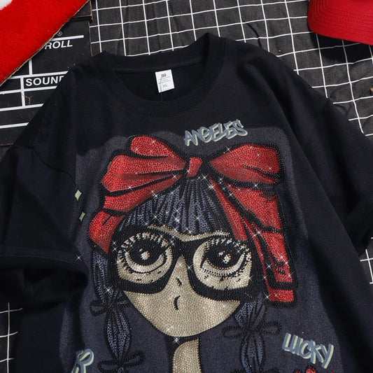Oversized chubby girl European product heavy diamond embossed cartoon girl top, mid-length loose women's short-sleeved T-shirt SS69