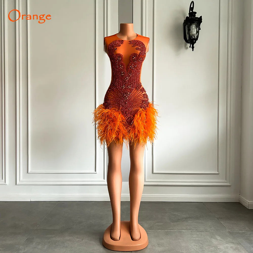 Stunning Sparkly Luxury Diamond Women Birthday Party Cocktail Gowns Sexy Sheer Pink Feather Mini Short Prom Dresses 2025 SS69 233.69 Orange / 12