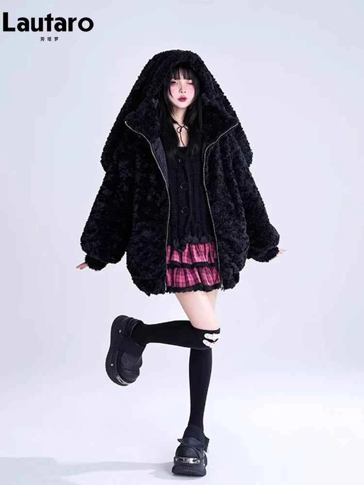Lautaro Autumn Winter Sweet Cute Lovely Warm Thick Soft Black Faux Fur Coat Women Bunny Ears Fuzzy Fluffy Jacket Hoodie 2023