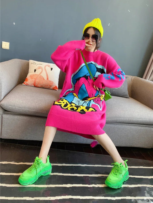 Korean Long-Sleeved Pullover Sweater Loose Fashion Women Autumn Winter Cartoon Embroidered Thickened Long Section Knitted Top SS69