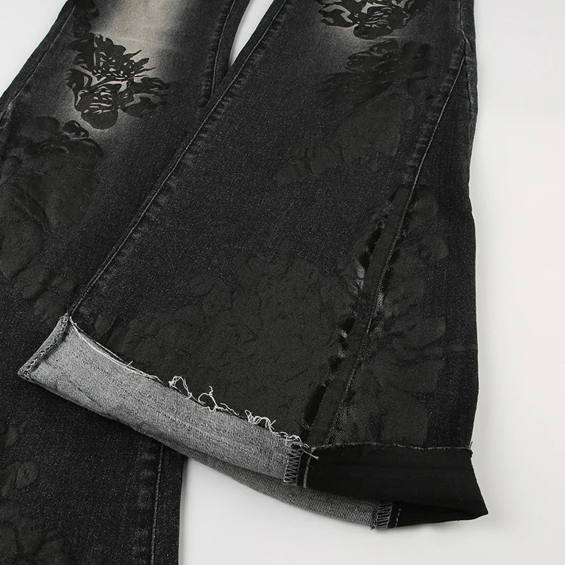 CIBBAR Streetwear y2k Flare Jeans Distressed 2000s Floral Print Low Rise Slim Denim Pants Korean Women Trousers Retro Mom Jeans SS69