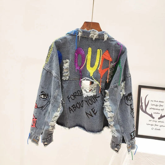 2025 Spring Autumn Women Street Fashion Graffiti Denim Jacket Female Short Frayed Raw Cut Rivet Jacket Fringe Jean Coat Outwear SS69