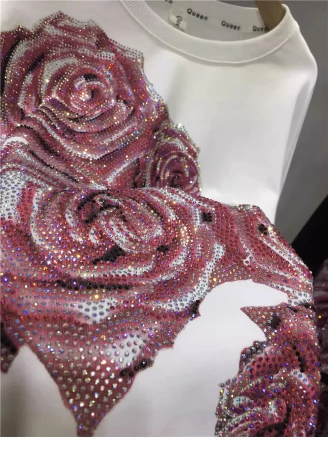 Oversized Rhinestone light luxury rose round-neck long-sleeved top pull-over women's sportswear SS69