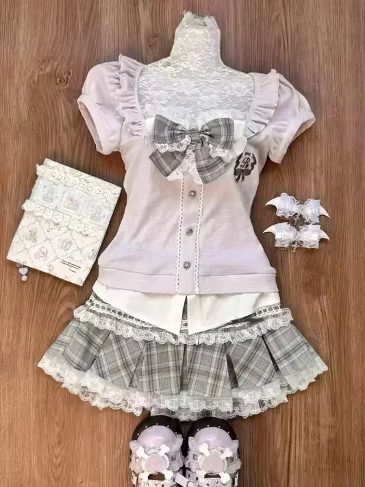 Japanese Sweet Preppy Style 2 Piece Set Women Kawaii Lace Patchwork Bow Tops + Y2k Plaid Mini Skirt Elegant Fashion Outifits New SS69