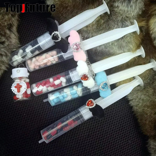 Harajuku Goth Lolita Y2K Girl Blood vessel pendant Halloween cosplay props Syringe Hospital ornament Pill bottle Key Chain SS69