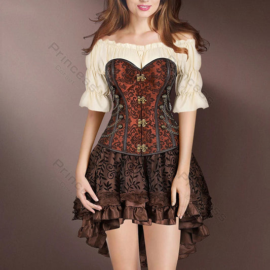 Brown Pirate Dress Plus Size Faxu Leather Steampunk Corset Dress with Shoulder Off Blouse Cosplay Pirate Costume for Women SS69