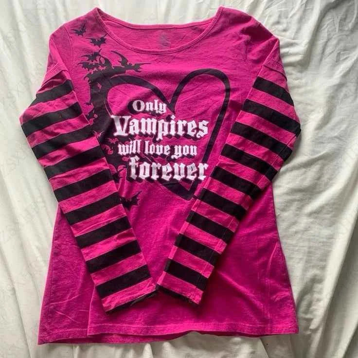 Pink T shirts Punk Top Sweet Girl Emo Letter Stripe Gothic Long sleeves Women Clothing Vintage Graphic Tee Aesthetic Y2K T shirt