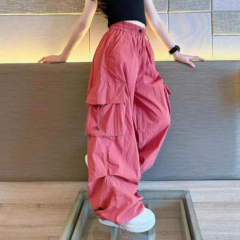 5-14Y Kids Hip Hop Joggers Pants Girls Cargo Pants Teenage Straight Trousers High Waist Vintage Casual Streetwear Baggy Pants