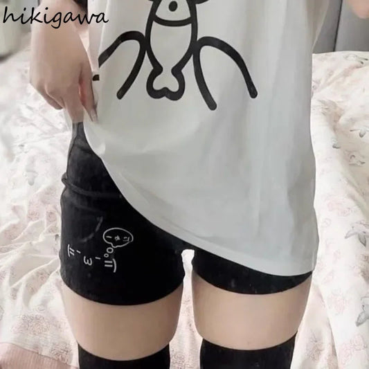 Cotton Shorts for Women Black Summer Pantalones Cortos De Mujer Print Japanese Fashion Casual Cute Pants 2025 New Bottoms 27x232 SS69