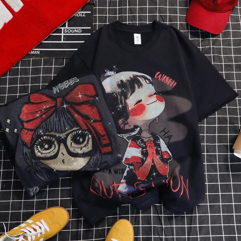Oversized chubby girl European product heavy diamond embossed cartoon girl top, mid-length loose women's short-sleeved T-shirt SS69