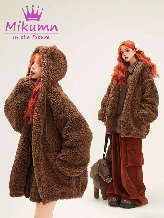 Mikumn Harajuku Y2k Cute Bear Ears Lamb Wool Coat Women's Winter Soft Thickened Warm Hooded Overcoat Female Casual Outwear SS69