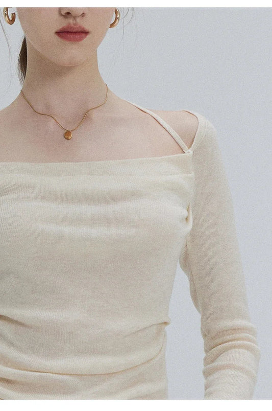 EGGKA Autumn One-shoulder Halter Neck Knitted Tops Women Slim Designer T-Shirts Slash Neck Long Sleeve Tops Korean Fashion Tees SS69