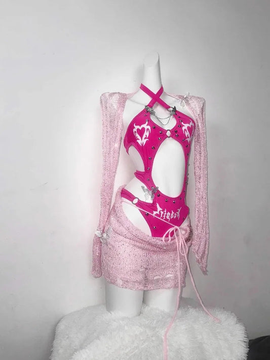 Original Barbie Powder Flash Three-dimensional Rivet-cut Onesie Tattered Wool Knitted Skirt Spice Girl For Suit SS69