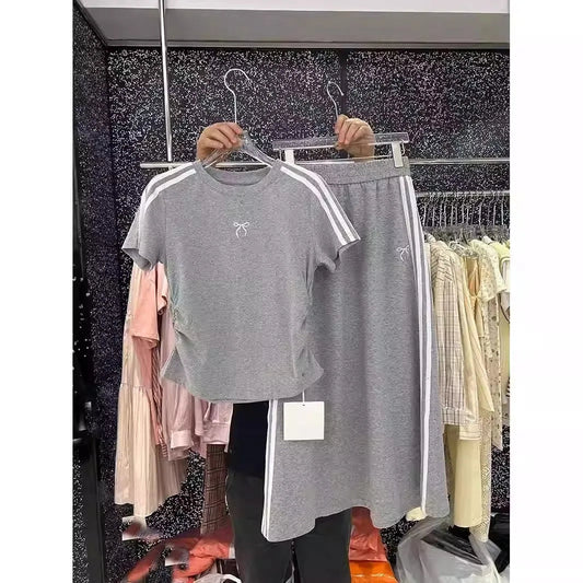 Oversized summer bow embroidery set women's short sleeve T-shirt + high Fanny pack hip skirt two-piece set SS69