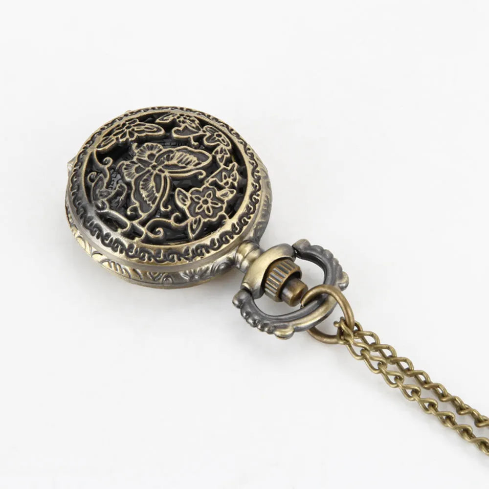 Fashion Women Quartz Pocket Watch Alloy Hollow Out Butterflies Vintage Sweater Chain Necklace Pendant Clock Gifts SS69