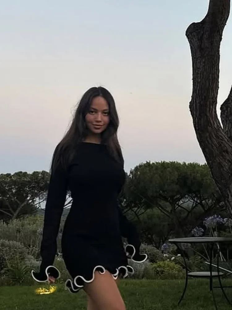 Women Fashion Solid Ruffles Hem Mini Dress Elegant Long Sleeve High Waist Slim Dresses 2025 Summer Vocation Street Vestidos SS69 25.69 black / XS
