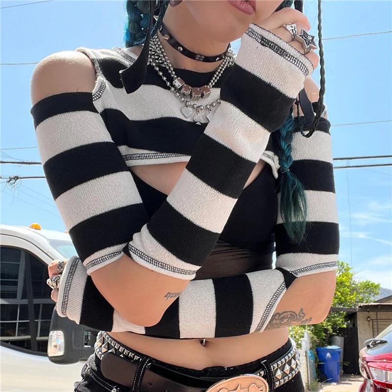 Dourbesty Punk Gothic T-Shirts Crop Top Women Hollow Out Cut-out Shoulder Long Sleeve T-shirt 2000s Aesthetic Streetwear y2k SS69 10.69 MULTI / M