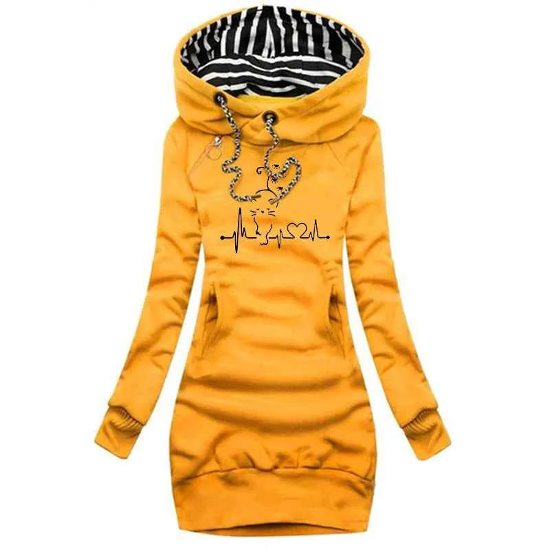 Trendy Line Cat Printed Autumn and Winter Women's Fashion Hoodie Dresses Hoodie Dresses Women's Long Sleeve Sweater Dresses