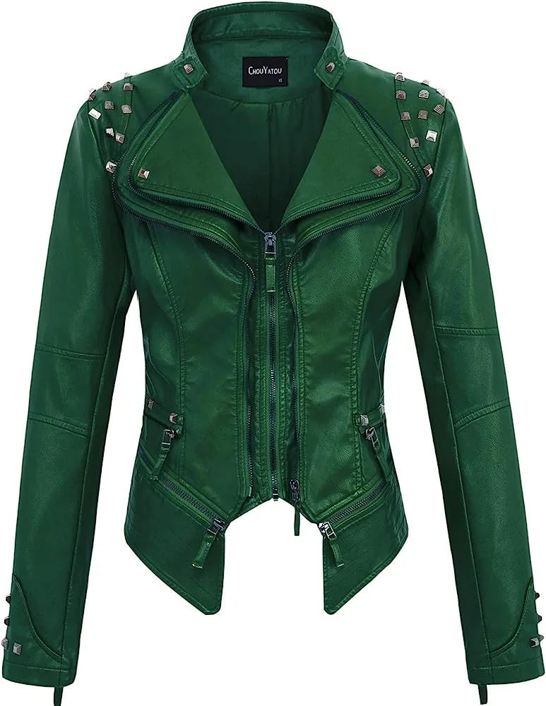 2025 Spring New Style Suit Collar Rivet Waist Short Washed Pu Leather Jacket