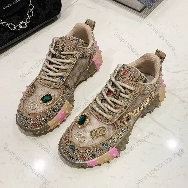 Women's Casual Sneakers Fashion Luxury Rhinestone Ladies Shoes 2024 New Outdoor Platform Female Sports Shoes Vulcanized Shoes SS69 27.69 Coffee color / 35