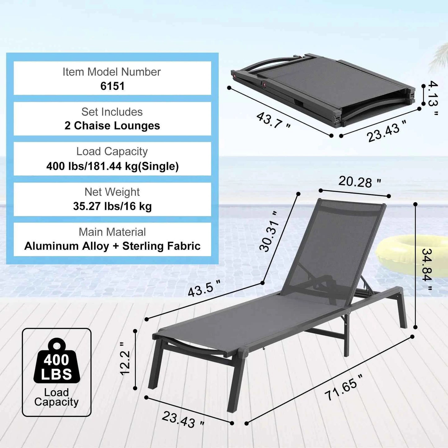 SucceBuy Chaise Lounge Chair Outdoor Aluminum Patio LoungeFolding Pool Lounge Recliner Full Flat for Patio Beach Pool Dark Grey