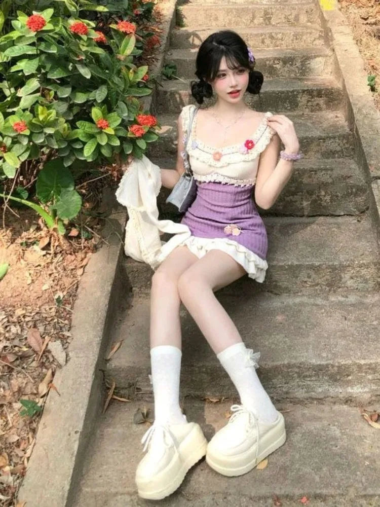 Summer French Sweet Dress Women Elegant Vintage Decal Design Slim Mini Dresses Vacation Bohemia Beach Style Mini Dress Chic New SS69