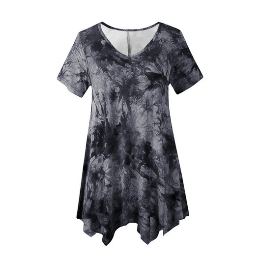 5XL Plus Size Woman Clothing Tie Dye Short Sleeve T-shirt Casual New Style V Neck Irregularity Tops Big Size Ladies Loose Tops - SS69