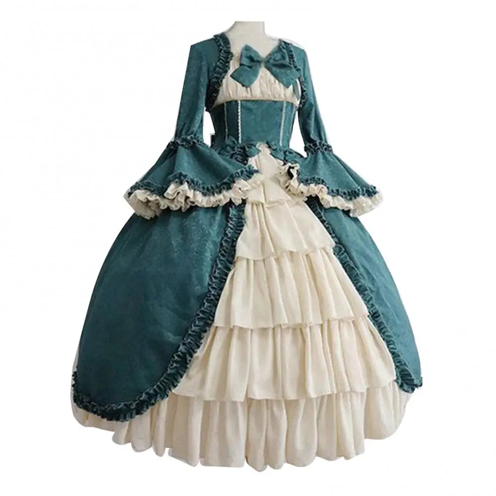 Women's Vintage Medieval Victorian Court Lace Stitching Dress Square Neck Tight Waist Bowknot Medieval Dress Elegant Cake Dress SS69 33.69 Green / XXL