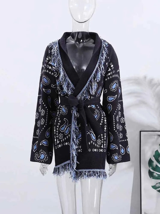 Vintage Tassels Print Women's Print Cardigan V-Neck Lace Up Full Sleeve Spliced Sweaters 2025 Autumn Lady All-match Kintwears