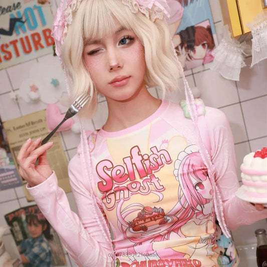 Subcultural Spicy Girl Clothes Cute Bottom Tee Shirt Y2k Harajuku Anime Slim Long Sleeve T-shirts Women Cartoon Pink Crop Tops SS69