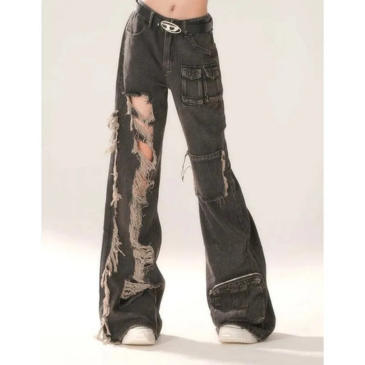 High Waist Ripped Women's Black Jeans Hip-hop Style Fashion Vintage Streetwear Y2K Wide Leg Jean Trouser Baggy Denim Pants SS69