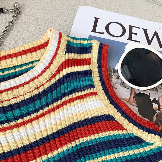 YuooMuoo Chic Fashion Knitted Tops Women 2025 Summer Y2K Rainbow Striped Slim Elastic Sleeveless Tank Tops Steetwear Lady Shirts SS69