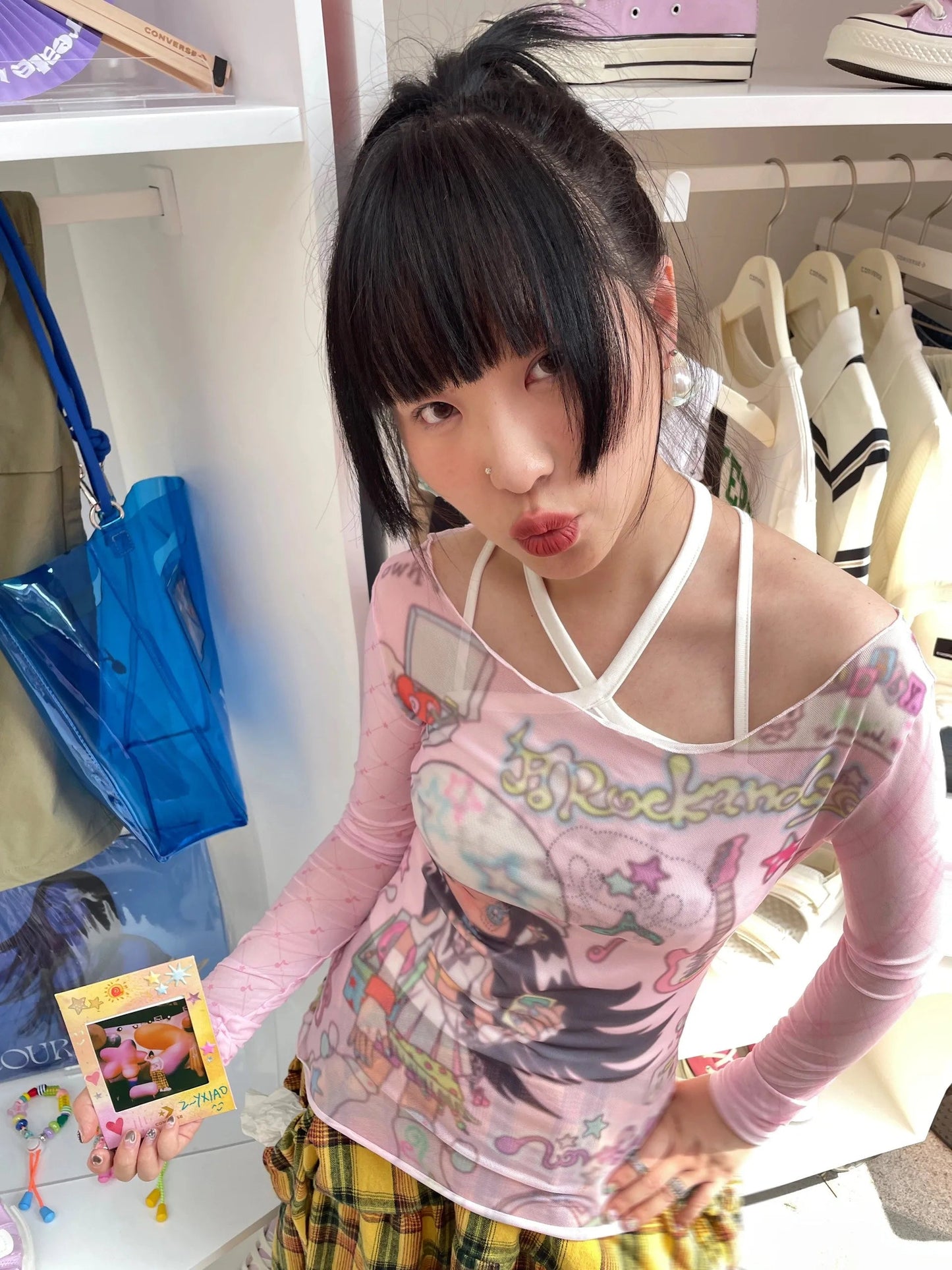 Karrram Japanese Y2k Anime Print Mesh Tops 2000s Aesthetics Pink Sheer Top Vintage Harajuku Kawaii See Through T-shirt Lolita SS69