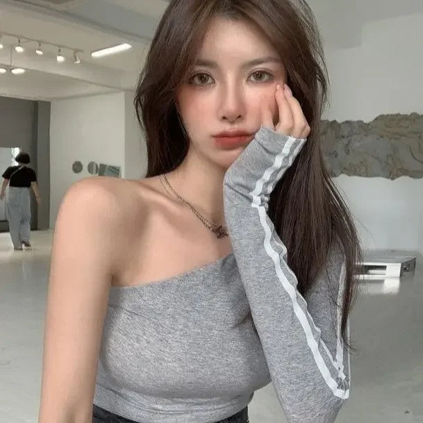 2025 Ropa Mujer Sexy Tshirts Women Off Shoulder Long Sleeve Tunic Black Tees Chic Casual T Shirt Summer Harajuku Y2k Crop Tops SS69 14.69 GRAY / L