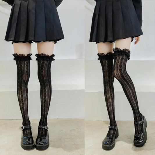 Women Lolita Fishnet Thigh High Socks Japanese Style Heart Striped Lace Patterned Over Knee Long Stockings Ruffled Frilly Kawaii SS69
