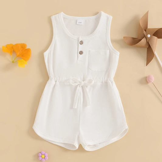 2024-12-04 Lioraitiin Litter Girls Summer Casual Jumpsuit Sleeveless Crewneck Solid Color Drawstring Tank Romper - SS69