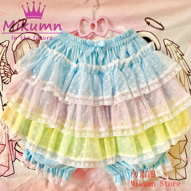 Mikumn Harajuku Sweet Lace Shorts Skirts Y2k Japanese Lolita Kawaii JK Ruffles Bloomers Women Elastic Waist Safety Short Pants SS69 48.69 Blue Rainbow / Waist 60-100cm